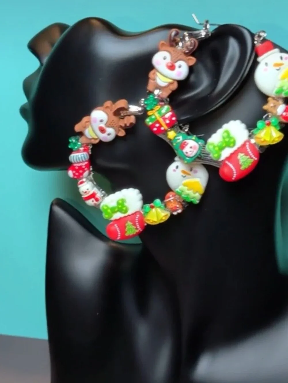 Hand Crafted Festive Holiday Charm Hoop Earrings - Red, Green, White, Yellow